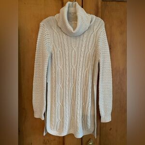 Longer length, long sleeve turtleneck sweater